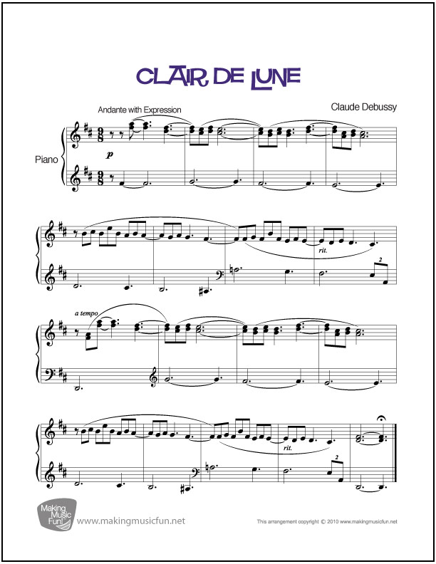 competencia repentino Reina Clair de Lune (Debussy) | Easy Piano Sheet Music -MakingMusicFun.net
