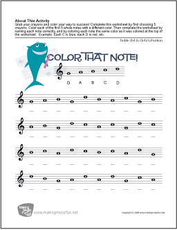 Color That Note  Free Note Name Worksheet - Treble Clef/G Position