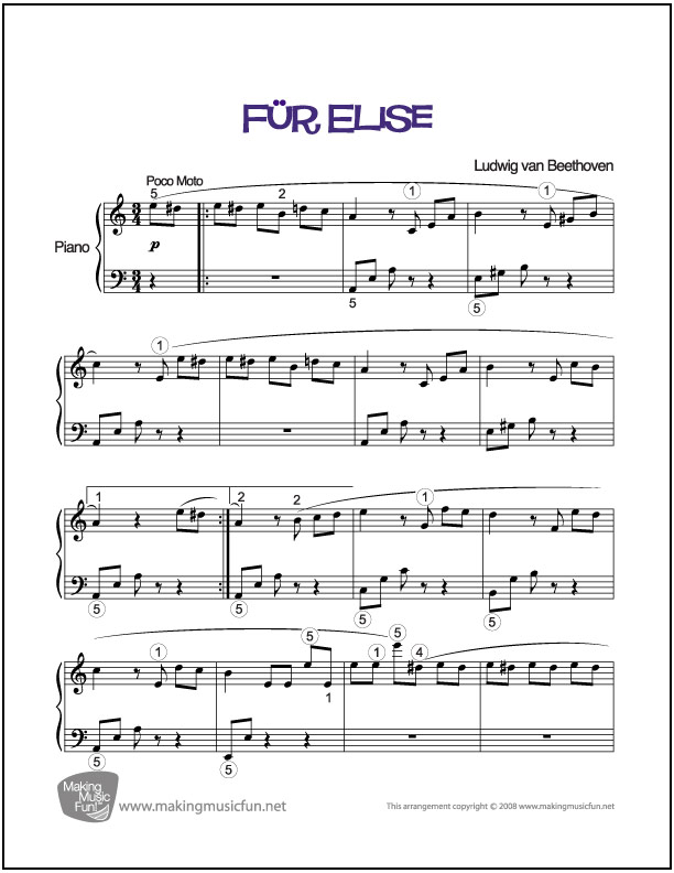 Free Fur Elise Sheet Music for piano by Beethoven - High-Quality