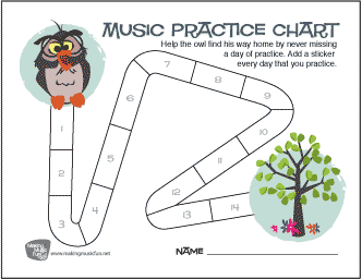 Owl Music Practice Chart - Help the owl find his way home by never missing
						a day of practice. (14 Days)