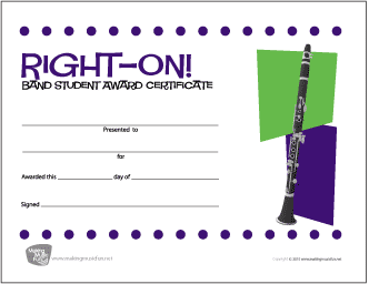 Right On! Band Student Award Certificate (Clarinet)