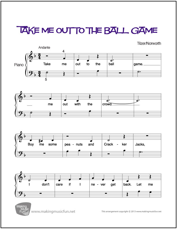 Take Me Out to the Ball Game  Beginner Piano Sheet Music (Digital Print)